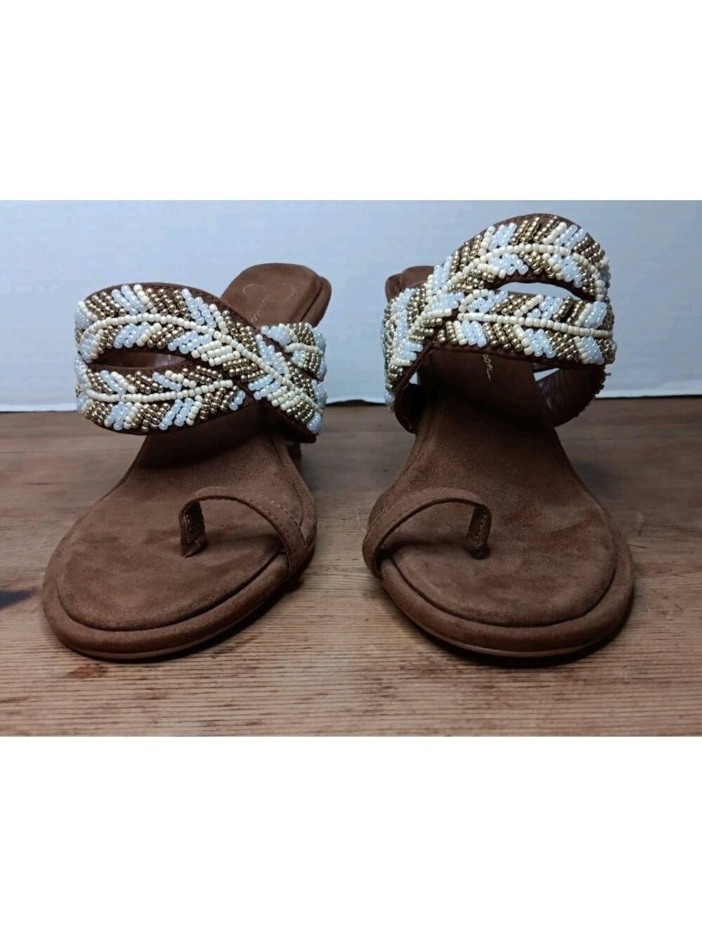 Jessica Simpson Rixei Sandal Womens 8 Brown Beaded Strappy 3.5" Heel Slip On - Picture 3 of 10